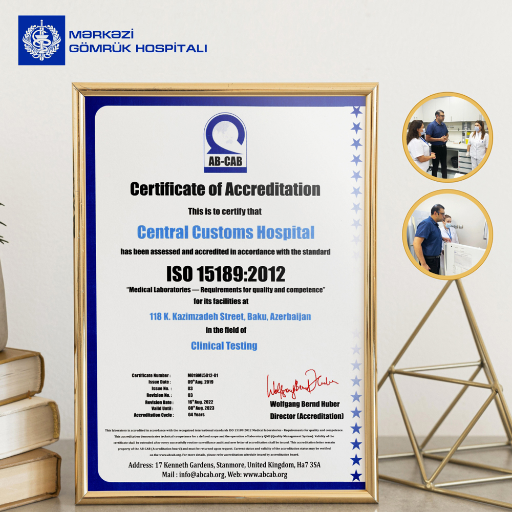 Mərkəzi Gömrük Hospitalının Tibbi laboratoriyası beynəlxalq sertifikata layiq görülüb