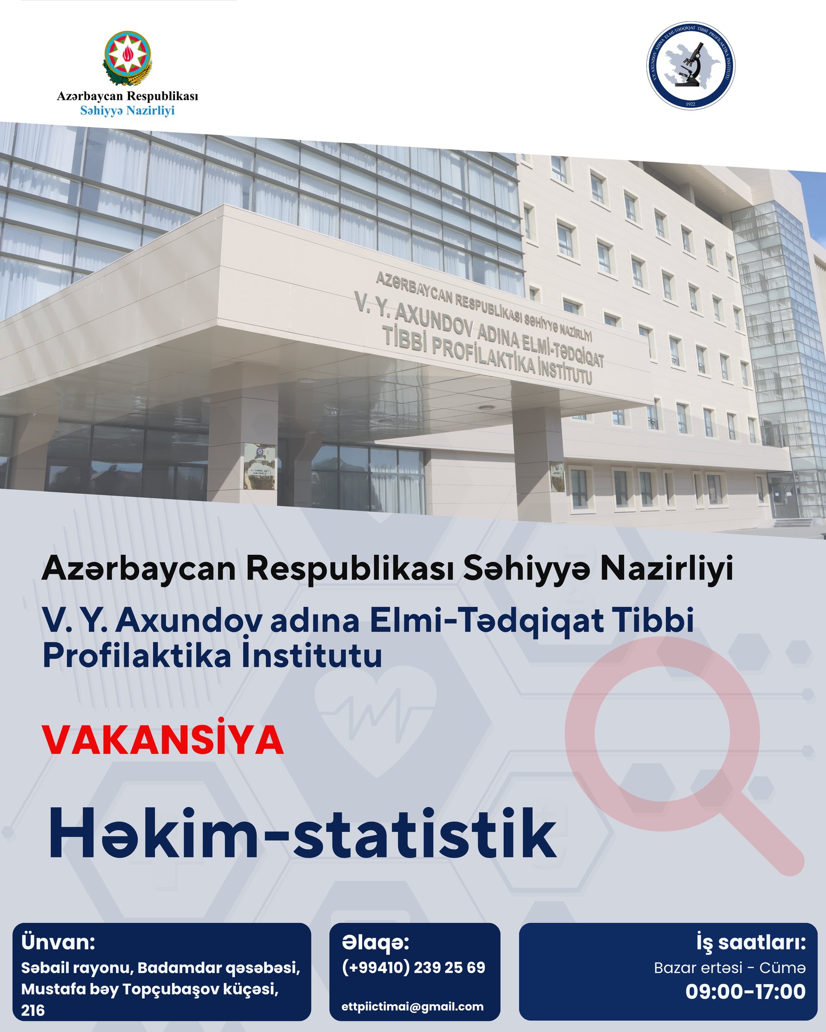 Elmi-Tədqiqat Tibbi Profilaktika İnstitutu vakansiya elan edir