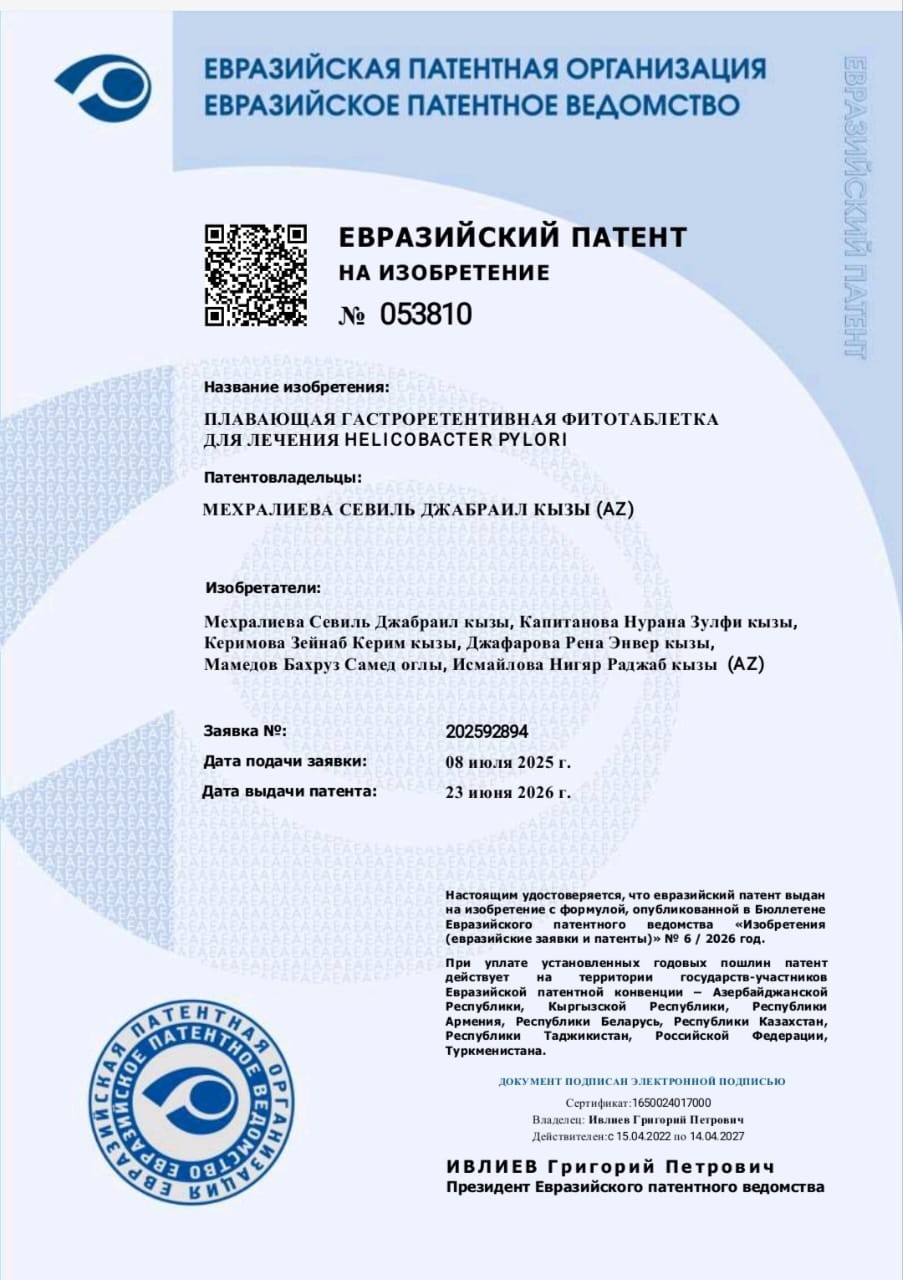ATU əməkdaşlarının “Helicobacter pylori”yə qarşı hazırladığı fitotablet Avrasiya patenti alıb